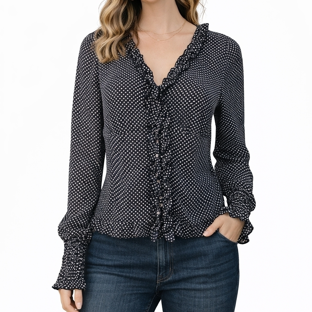 WISHLIST APPAREL Retro Navy Blue Polka Dot Ruffle Button Down Smock Poet Blouse
